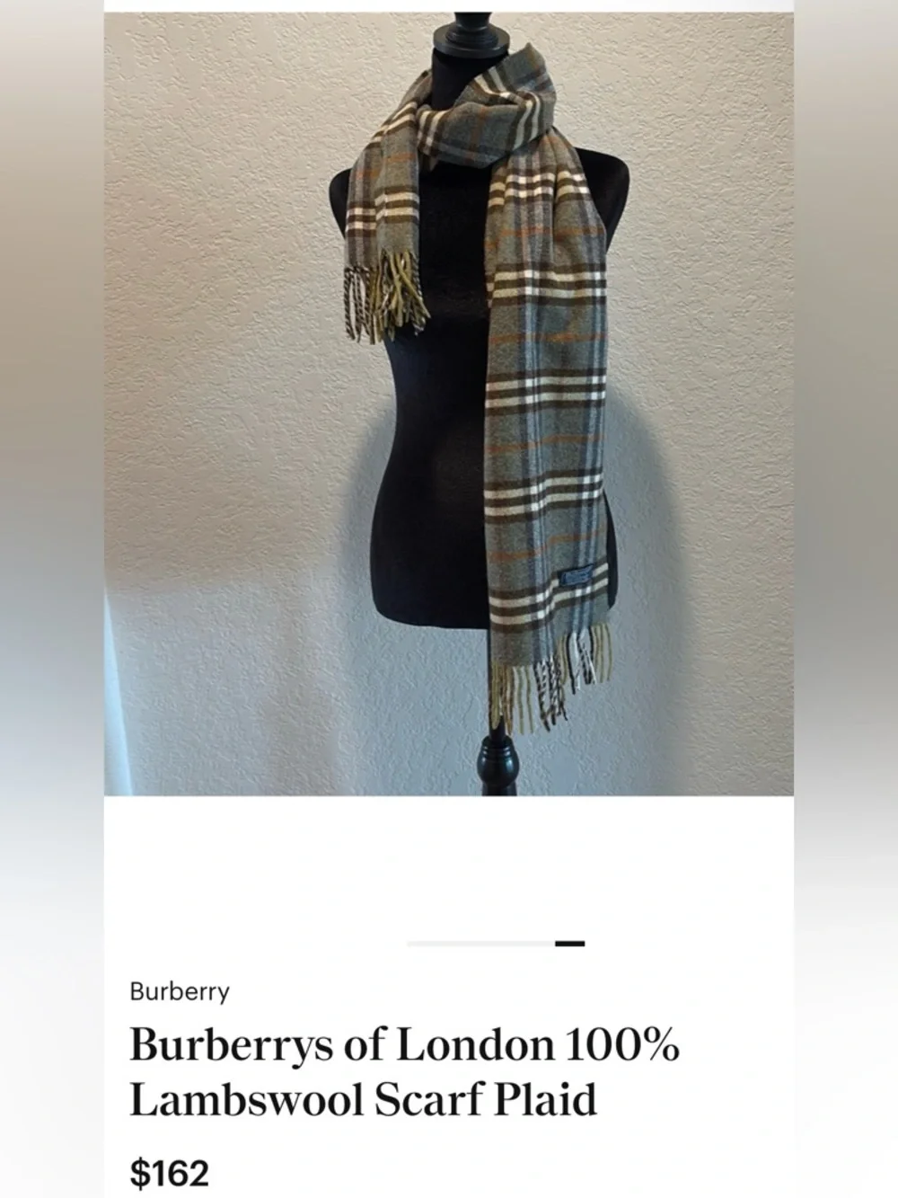 Burberry  Gray Plaid  100% LambWool Scarf with Fringe